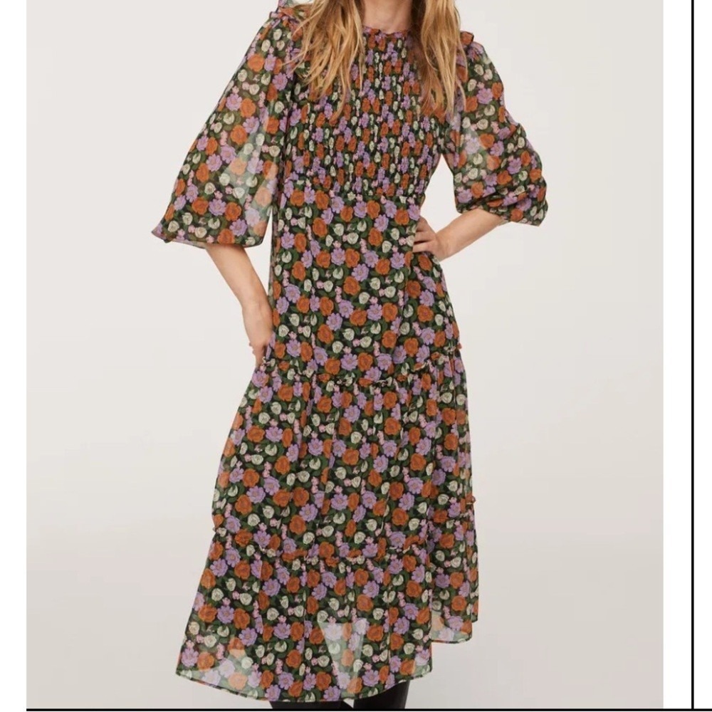 MANGO Margot Smocked Floral Midi Dress‎ Womens Size 2 Prairie Boho Cottagecore